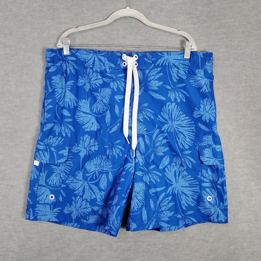 OP Men Swimwear Large Blue Floral Trunks Hawaiian Drawstring Pockets 10" Inseam